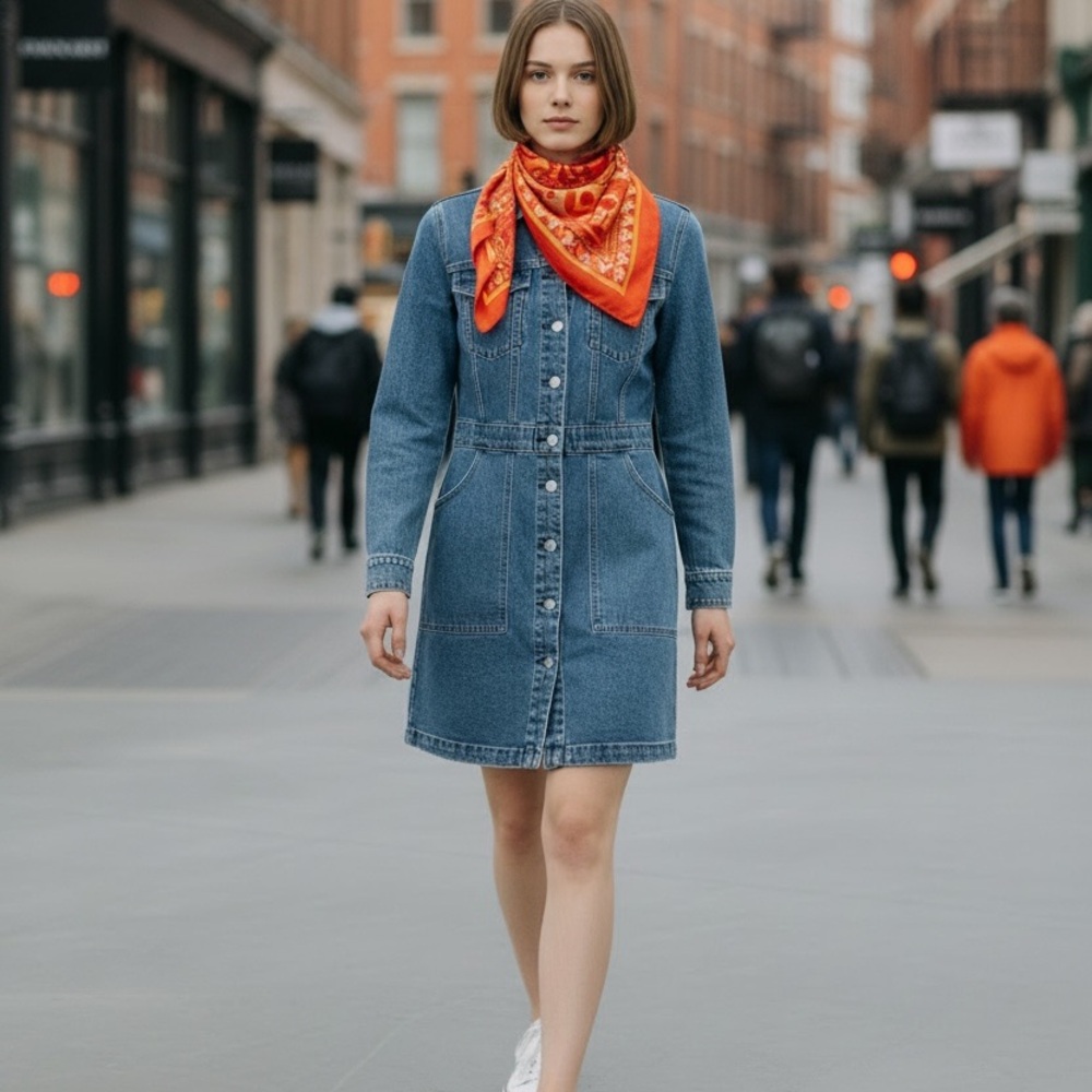 Faherty Blue Denim shirt dress Button-Front structured waist medium wash
